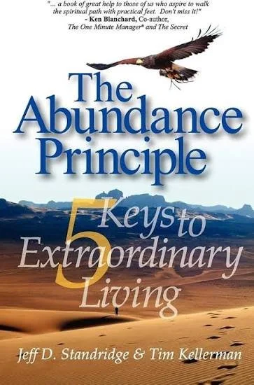 Book cover titled 'The Abundance Principle: 5 Keys to Extraordinary Living' with an eagle flying over a desert landscape.