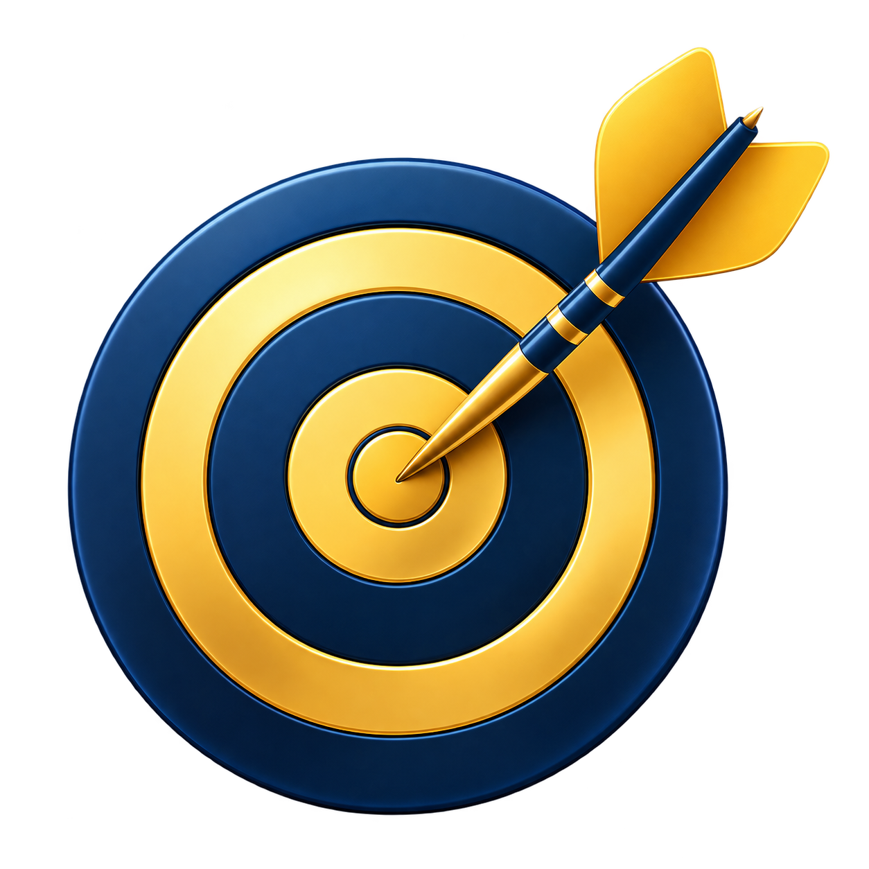 A blue and yellow archery target with a gold and blue arrow hitting the bullseye.