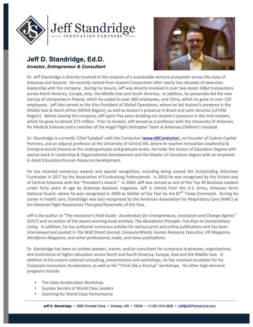 Business card and professional profile of Jeff Standridge, including a photo of him in a suit and tie, and a detailed bio highlighting his career achievements and current roles.