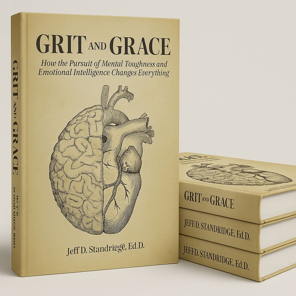 A beige hardcover book titled "Grit and Grace" by Jeff D. Standridge, Ed.D., standing upright, with three additional identical books stacked horizontally next to it. The cover features a detailed illustration of a human heart combined with a brain.