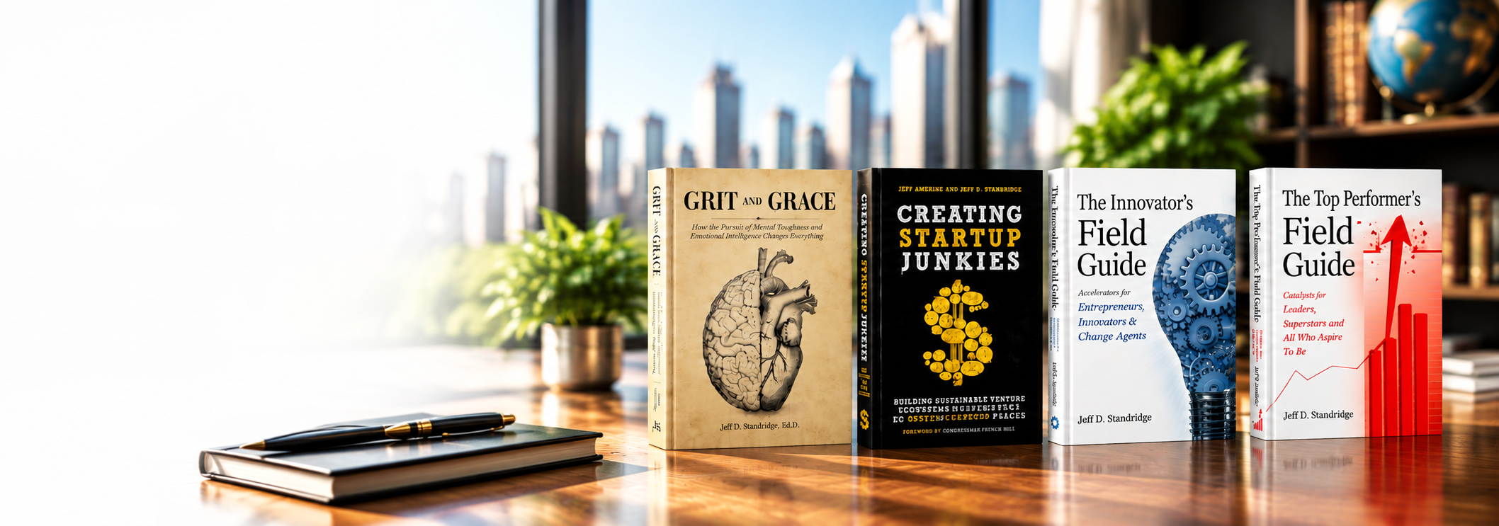 A row of five business and self-help books on a wooden desk, with a green potted plant, a globe, and a bookshelf in the background.