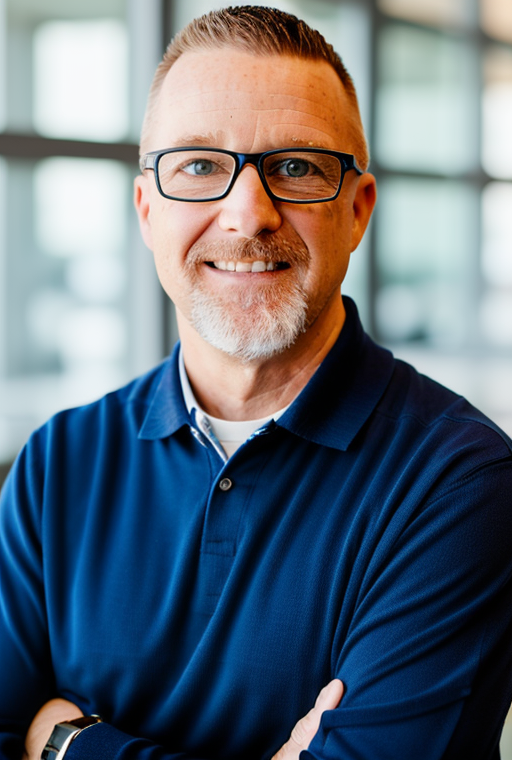 A smiling middle-aged man with glasses, a beard, and short hair wearing a blue button-up shirt, standing indoors with large windows in the background.