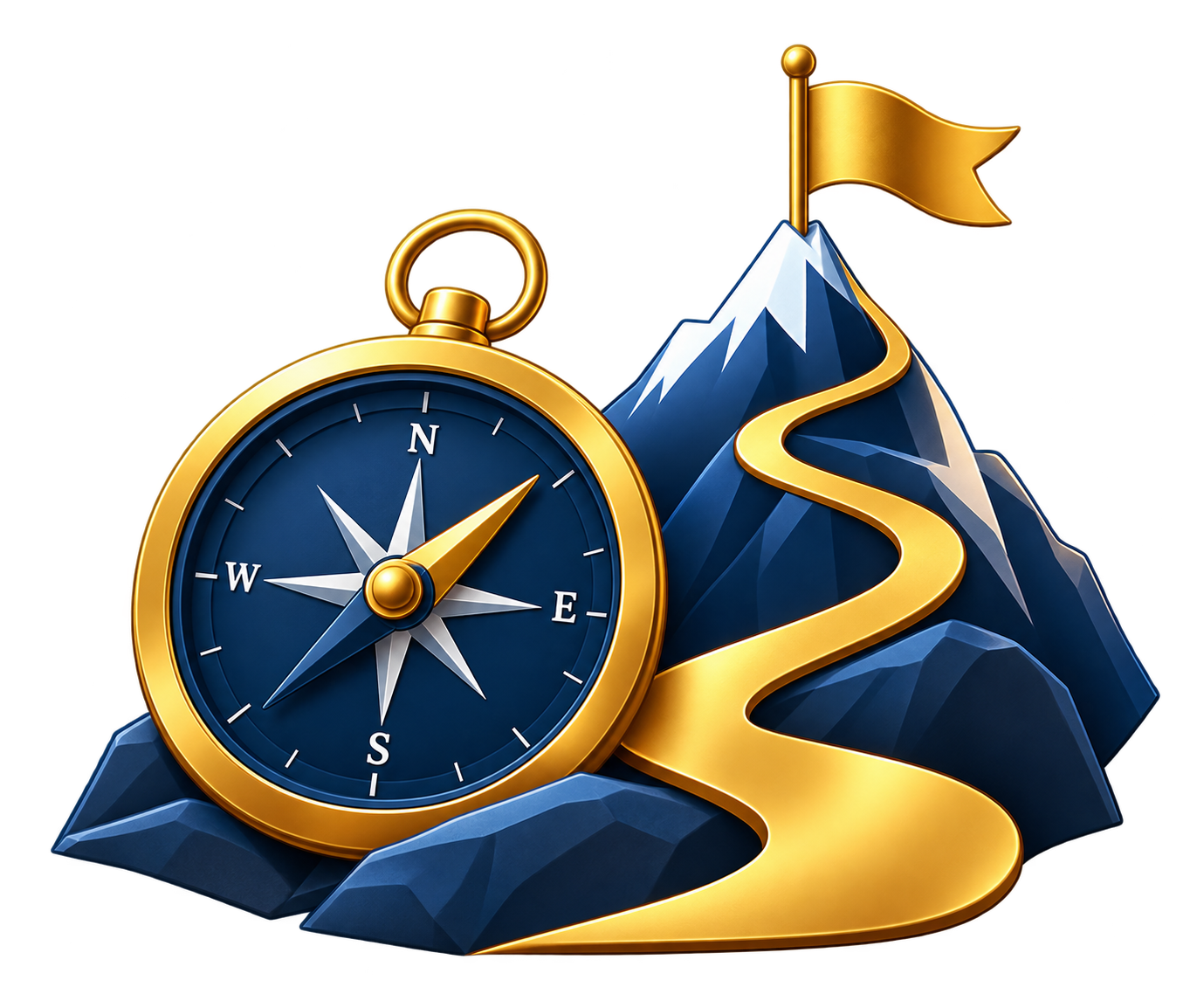A gold compass resting against a stylized mountain with a winding path leading to a flag at the summit.