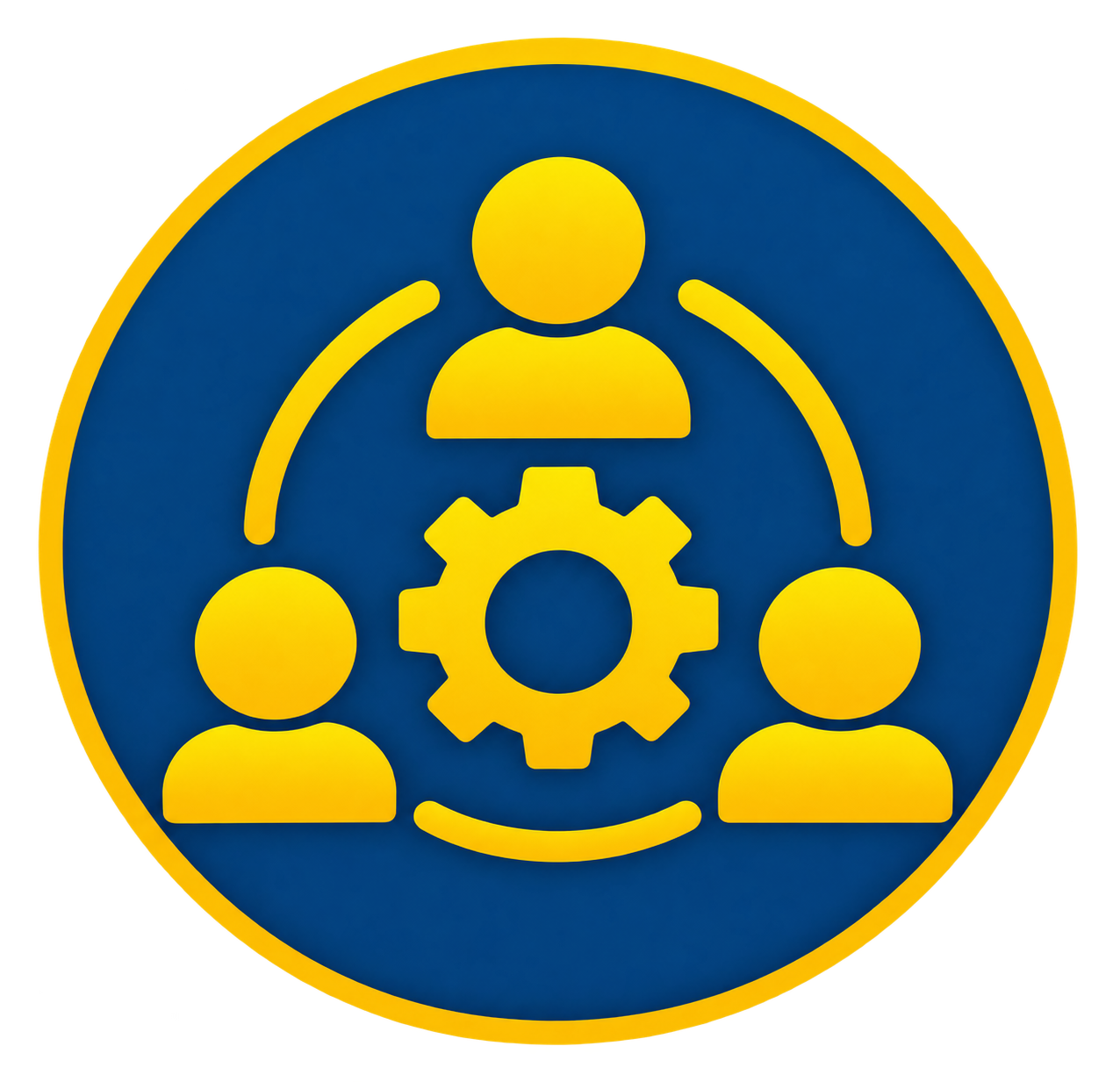 Icon of three yellow human figures connected around a yellow gear on a blue circular background.