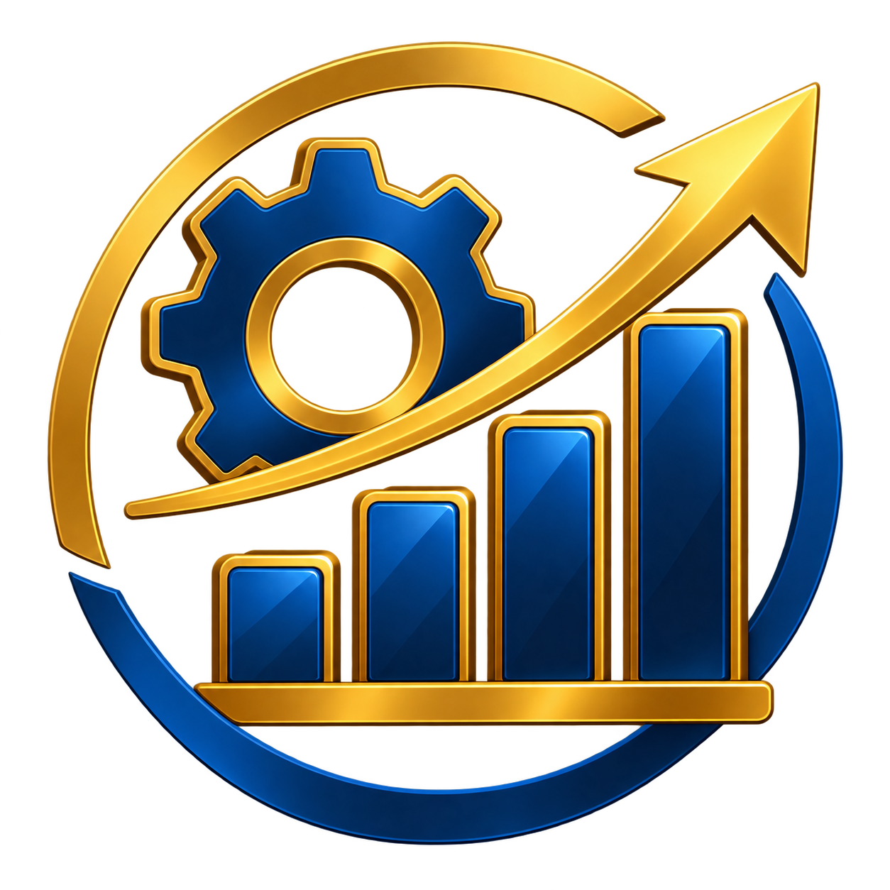 A graphic with a gear, upward trending arrow, and bar chart symbolizing growth or progress.