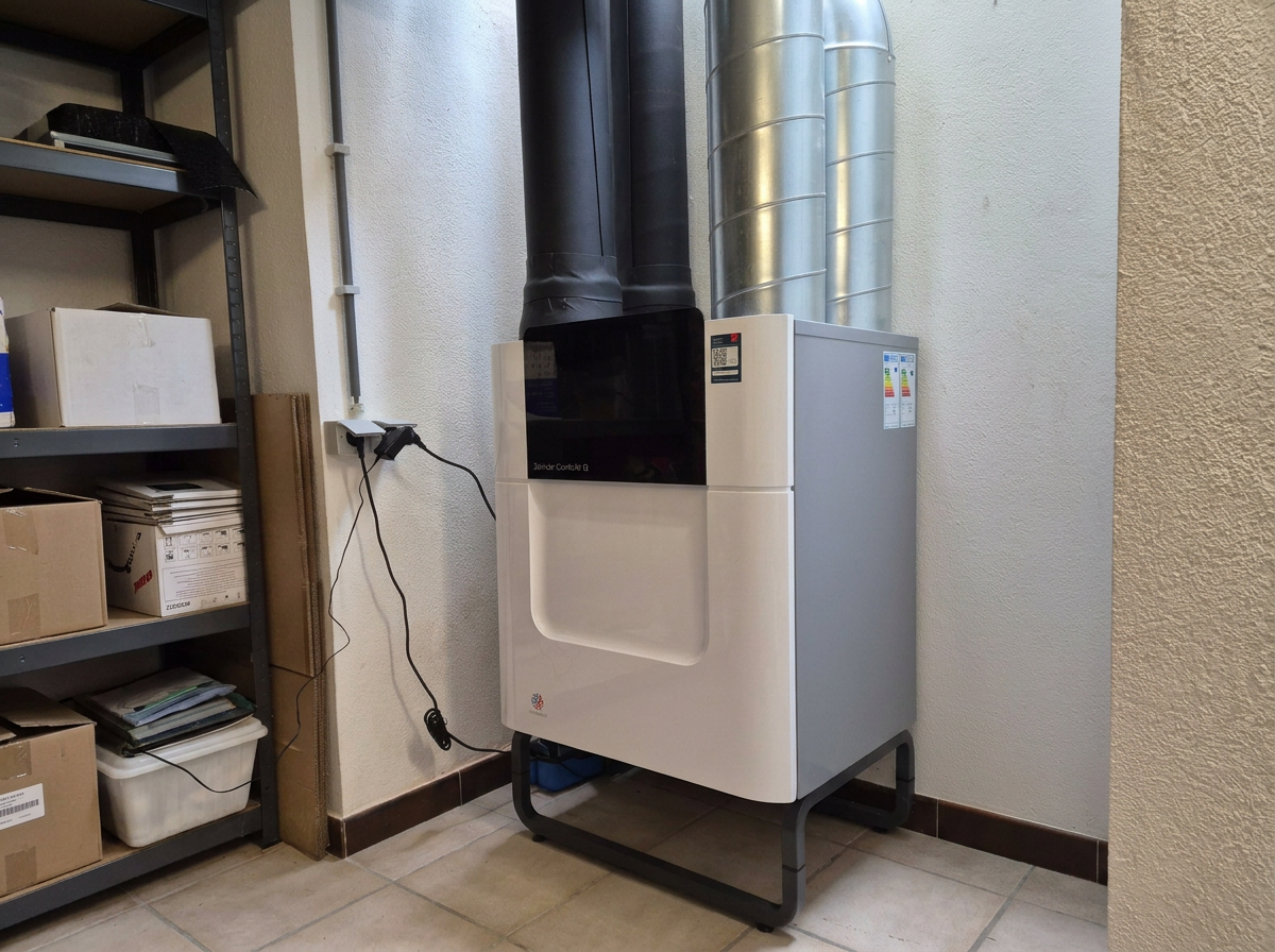 Zehnder ventilatie-installatie in de kelder wasruimte die vochtige lucht afvoert en helpt schimmelvorming en muffe geuren te beperken.