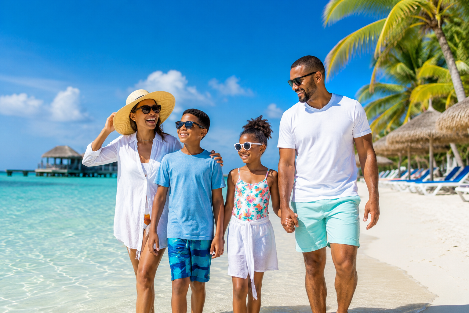 A family walking on a sunny beach, wearing sunglasses and summer clothes, with overwater bavilions, palm trees, and beach chairs in the background.
