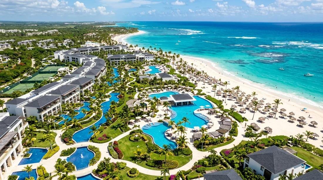 Aerial view of a tropical beachfront resort with multiple pools, white sandy beach, and ocean in the background.