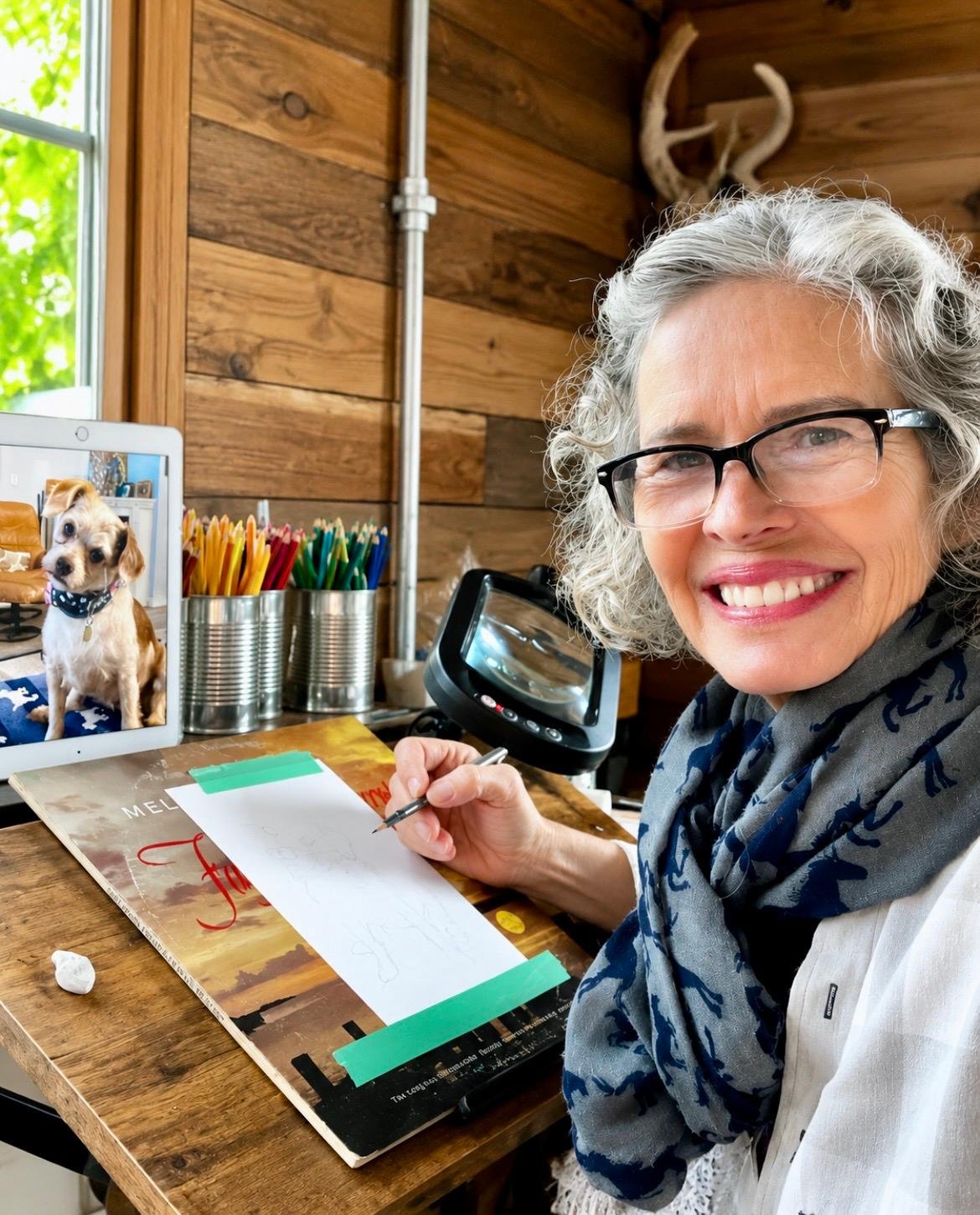 A woman with curly gray hair and glasses smiling and writing on a notepad at a wooden desk, with a computer monitor displaying a dog photo, colored pens in cans, and a magnifying glass, in a wooden cabin room with a window and a deer antler decoration in the background.