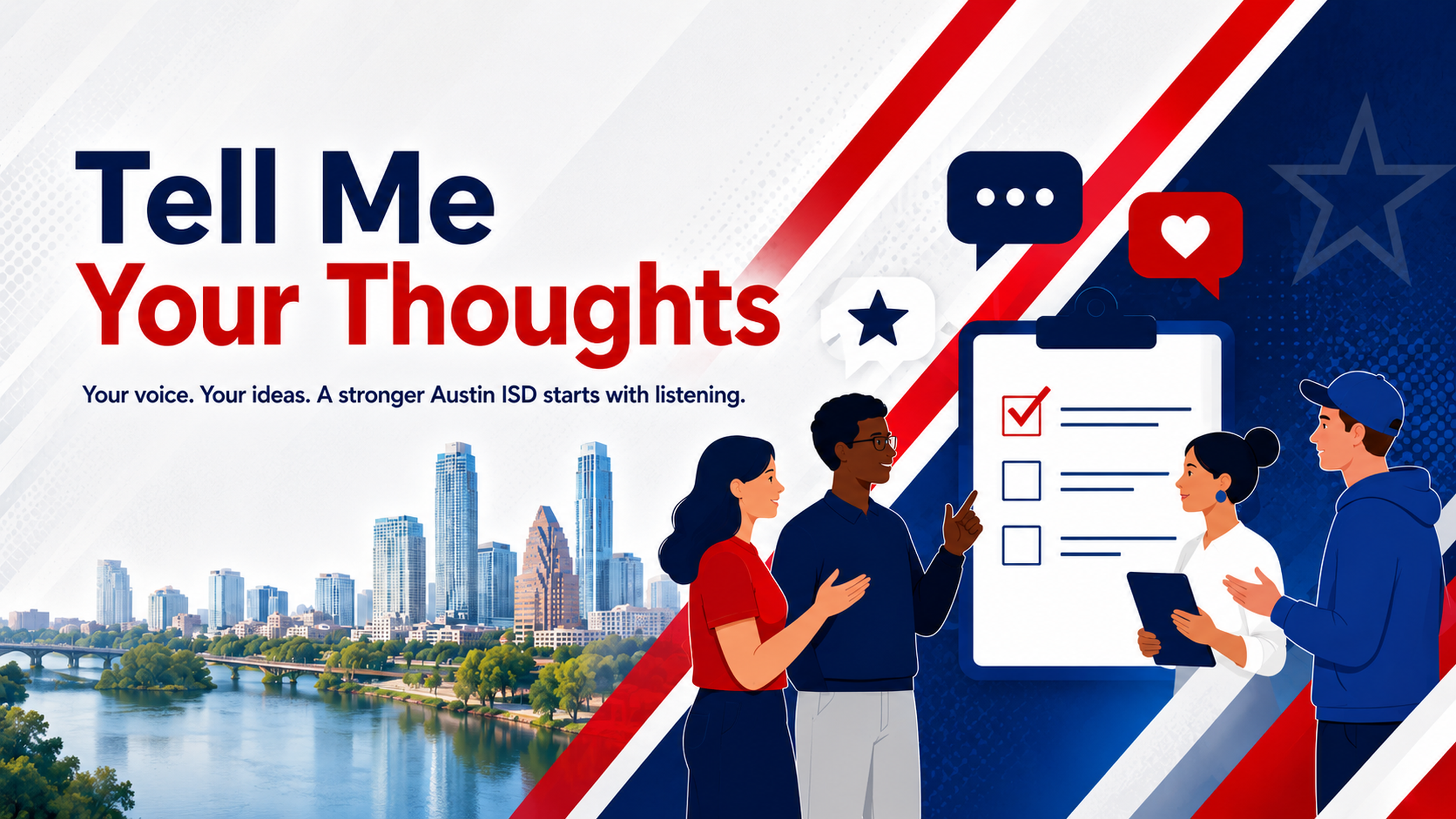 Graphic promoting community feedback and creating a convesation with illustrations of diverse people using tablets and smartphones, city skyline, and American flag-themed design elements.