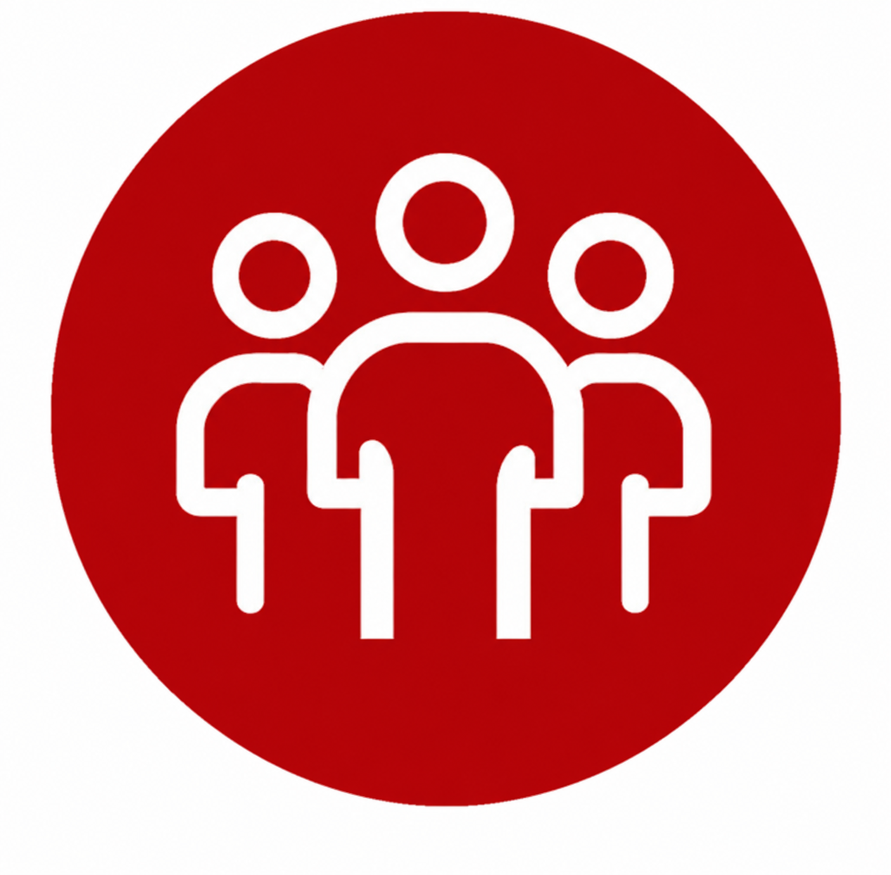 An icon of three stylized human figures together with rounded heads and simple bodies suggesting community or family, set inside a red circle.