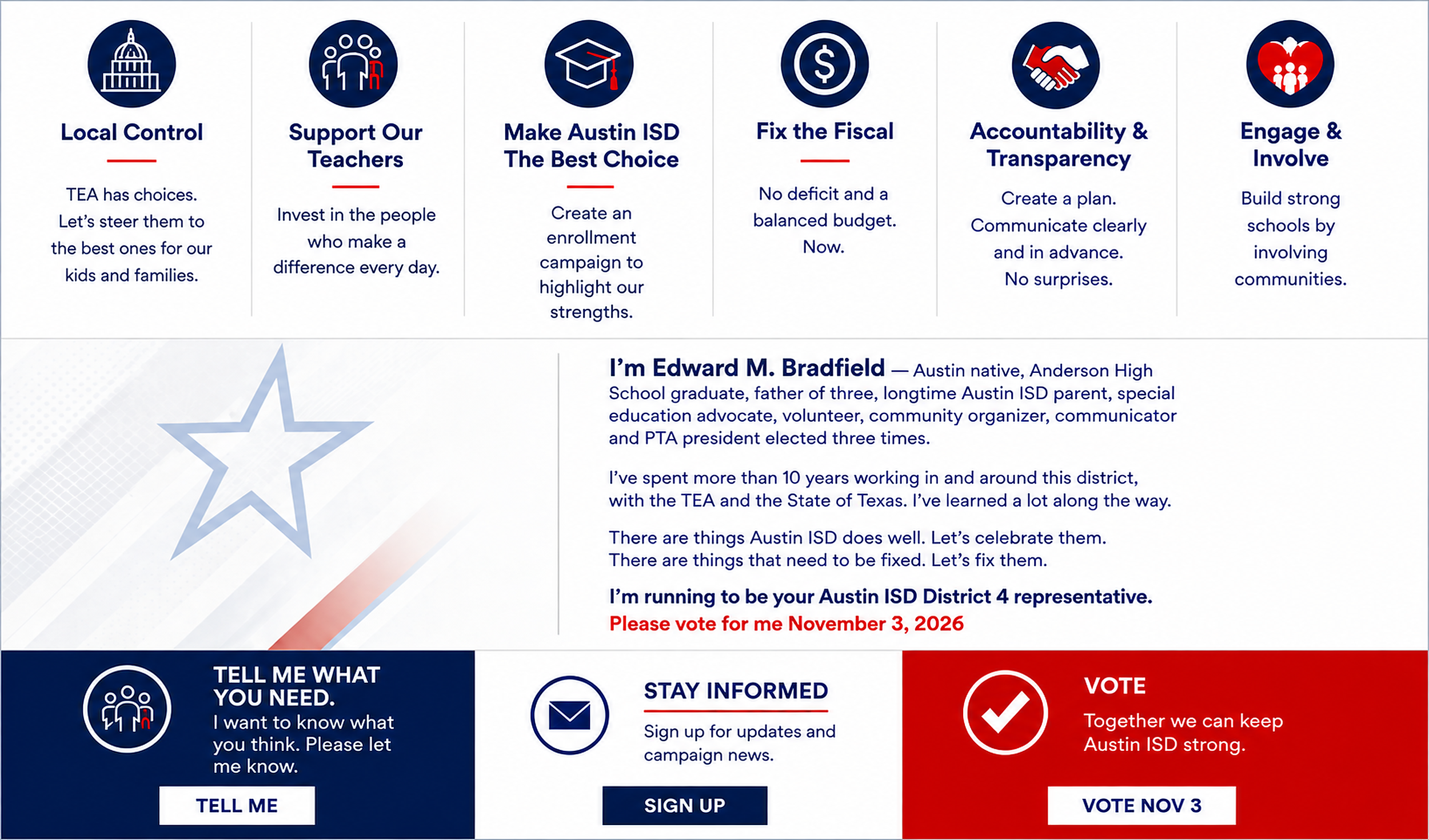 A political campaign webpage for Ed Bradfield promoting support for Austin ISD, emphasizing local control, supporting teachers, fiscal responsibility, accountability, engagement, and involving communities, with a call to action to vote on November 3, 2026.