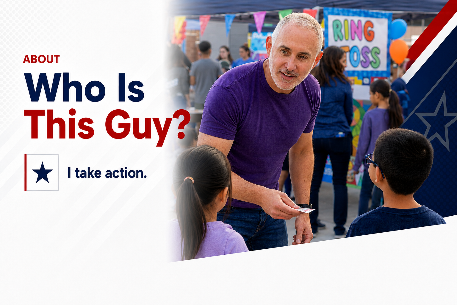 A man in a purple shirt at an outdoor event interacts with two children, with a colorful carnival booth and other people in the background.