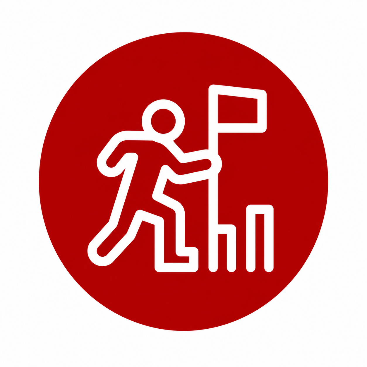A white outline of a person placing a flag in the ground and suggesting a defense of an area or a fight for something important.
