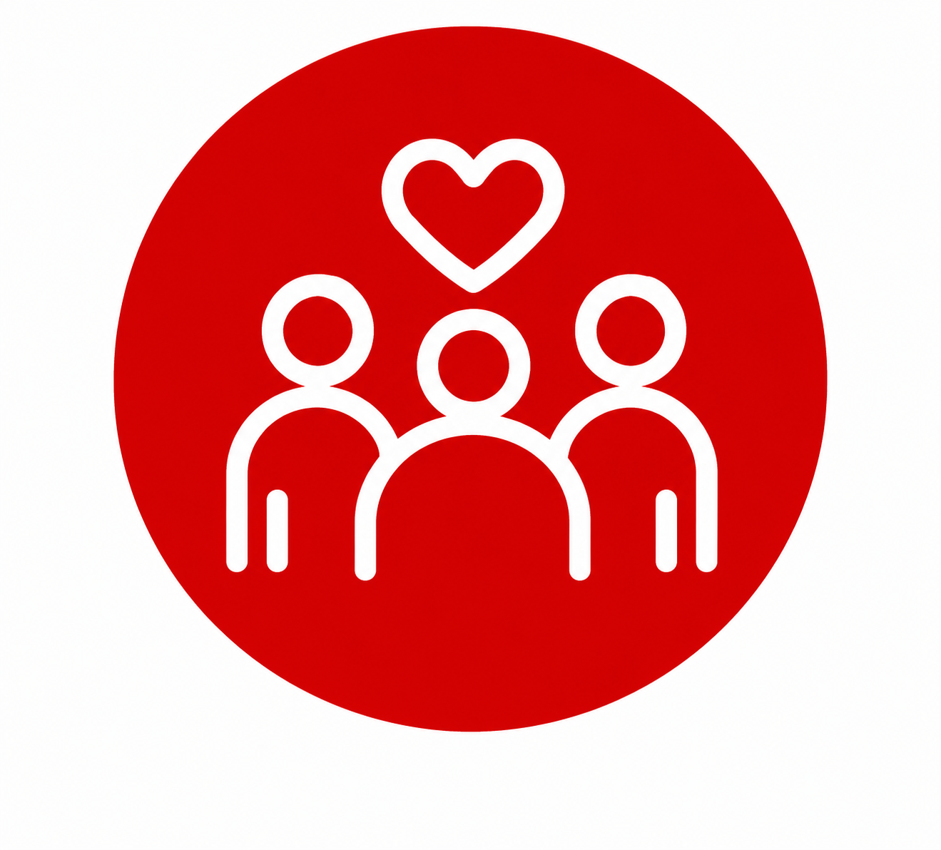 Icon of three people with a heart above them suggesting love and care inside a red circle.