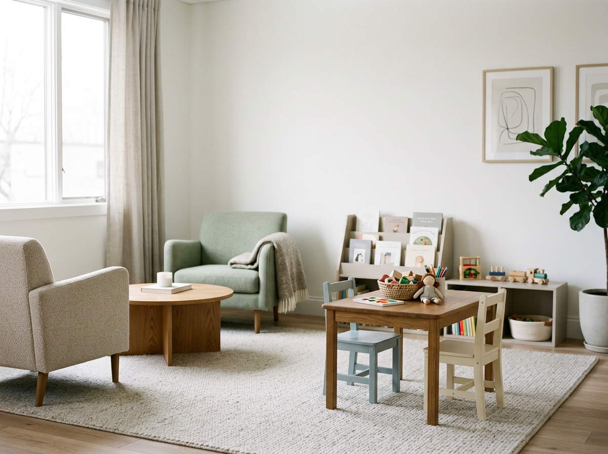 Living room with white walls, beige carpet, natural light from window, and green armchair. Children's play area with small table and chairs, bookshelf with books, and wooden toys. Large potted plant and framed abstract art on wall.