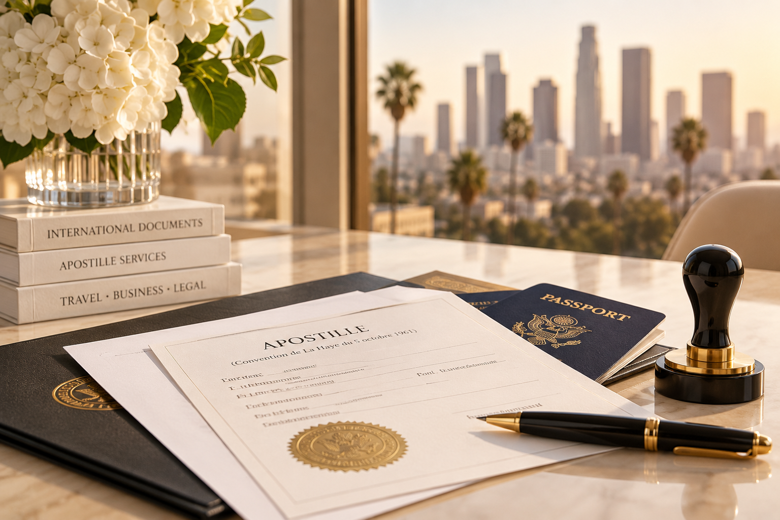 Illustration of apostille documents and passports on an office desk overlooking the Los Angeles skyline.