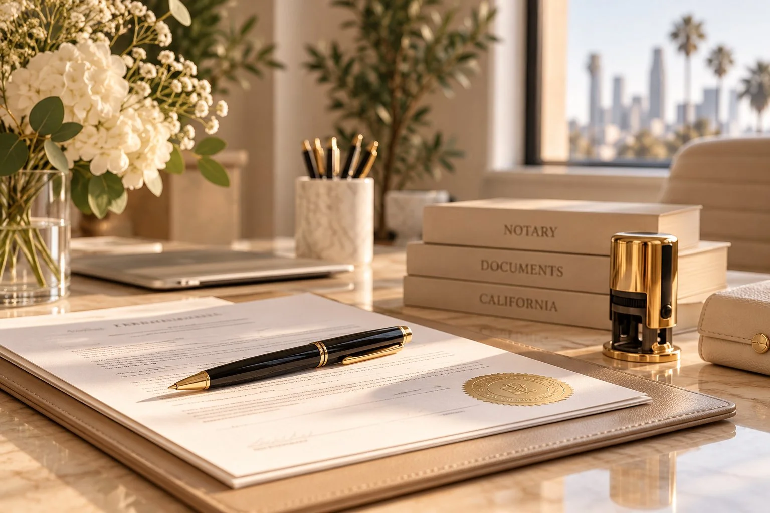 Notary documents, stamp, and pen arranged on an elegant office desk with natural light and a Los Angeles city view.