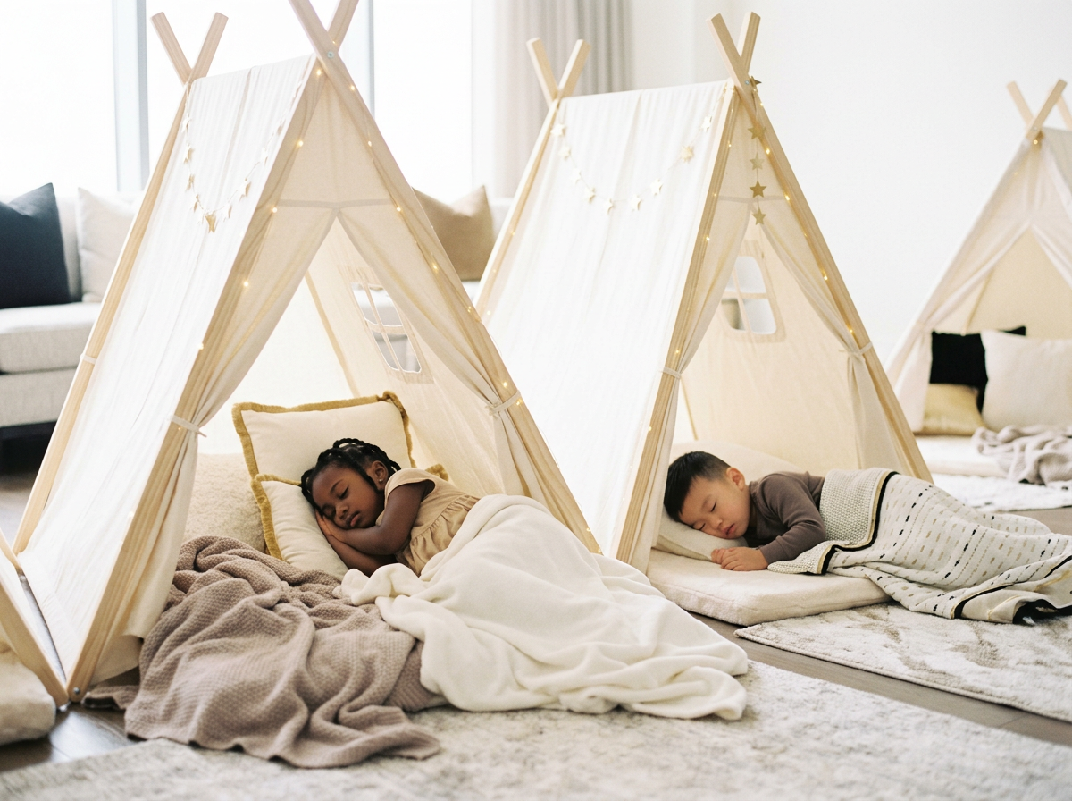 Two children sleeping inside two cream-colored fabric tents with wooden frames, set up indoors with pillows and blankets.