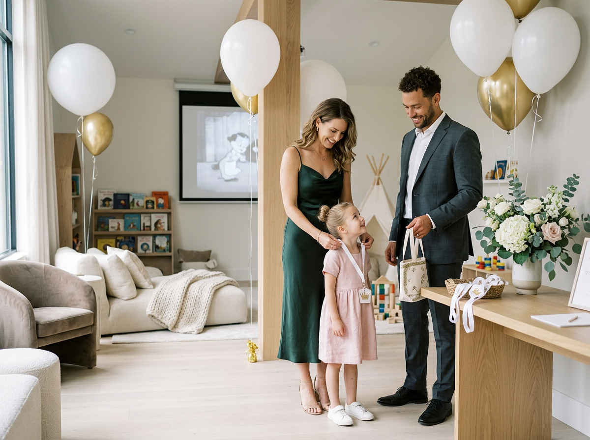 A family of registering their child for event childcare, standing in a decorated room with balloons and flowers, at a celebration or party.