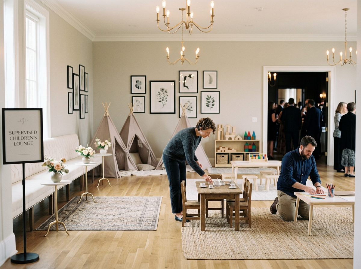 Children's supervised play area with teepees, small tables, and toys, in a well-lit room with chandelier lighting and wall decor.