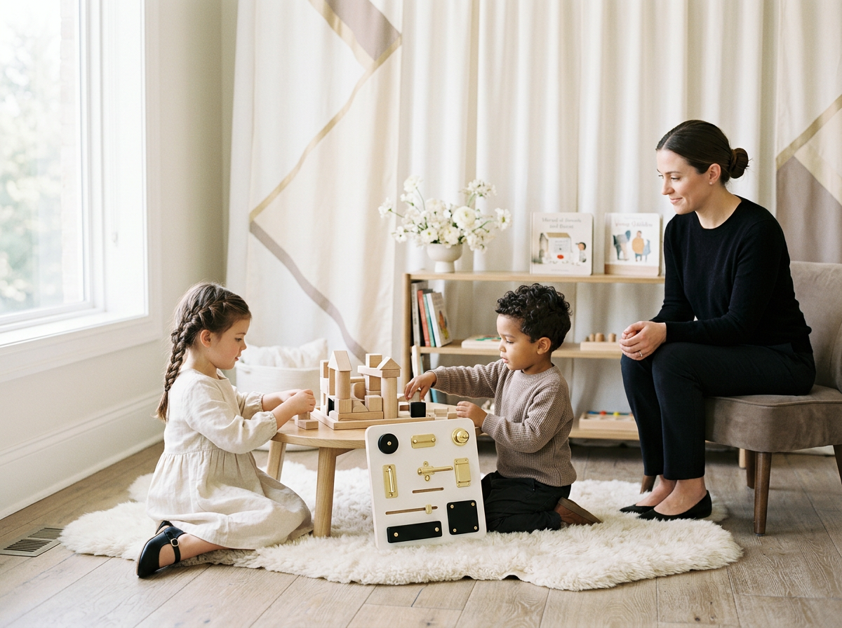 A woman and two children playing with toys in a cozy room with a bookshelf, floral vase, and curtains