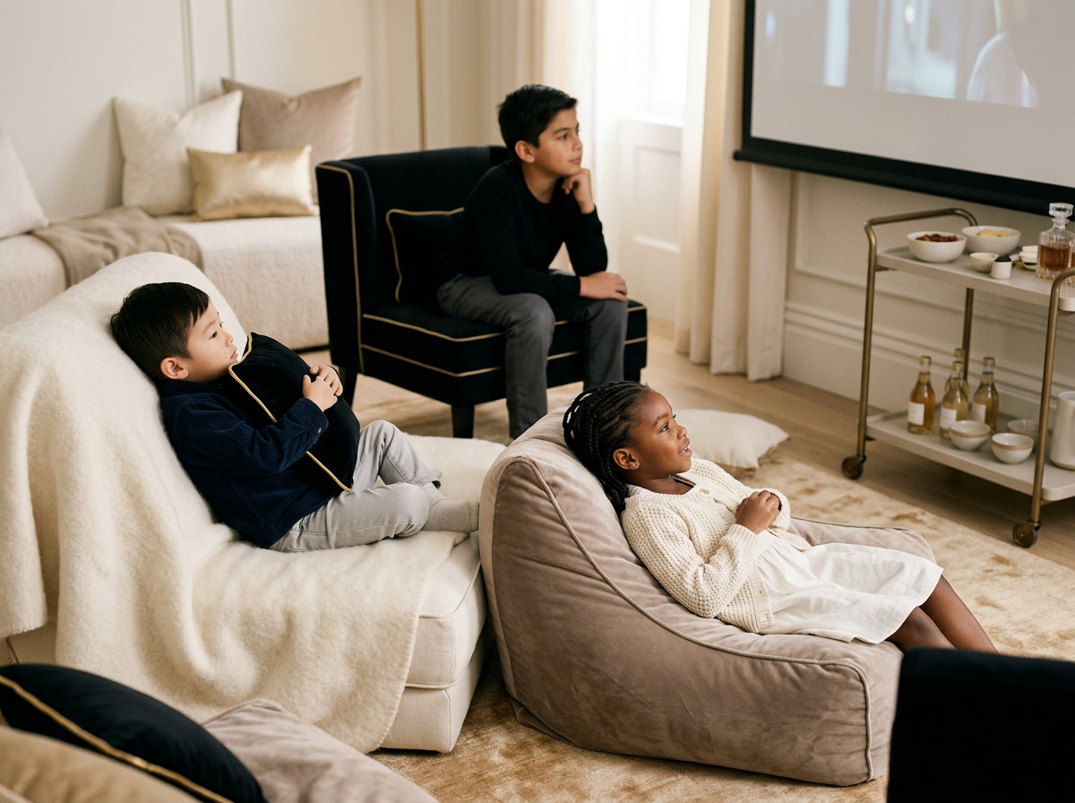 Three children watching a movie in a cozy, well-decorated living room. The girl is lying on a large bean bag, and two boys are sitting on separate couches, all facing a television.