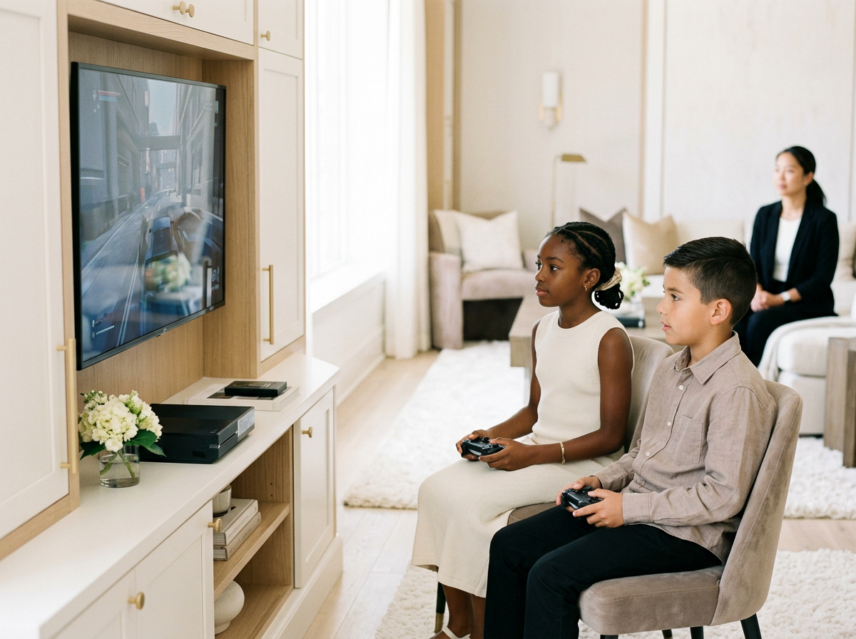 Two children, a girl and a boy, sitting on chairs in a living room and playing video games on a television, with a woman sitting in the background.