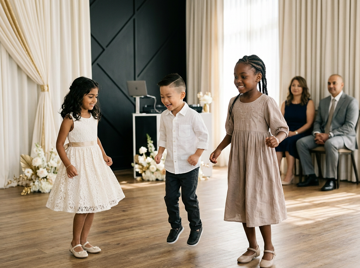 Three children dancing in a room with cream curtains and floral decorations, with two adults sitting in the background.