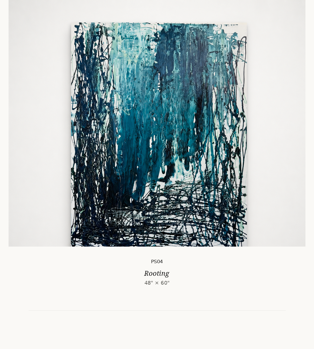 An abstract painting with blue, teal, and white tones, featuring black drips and scribbles, titled "Rooting".