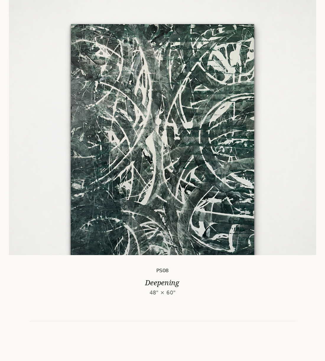 Abstract painting titled 'Deepening' featuring dark green and white swirling patterns resembling a dense forest or thicket.