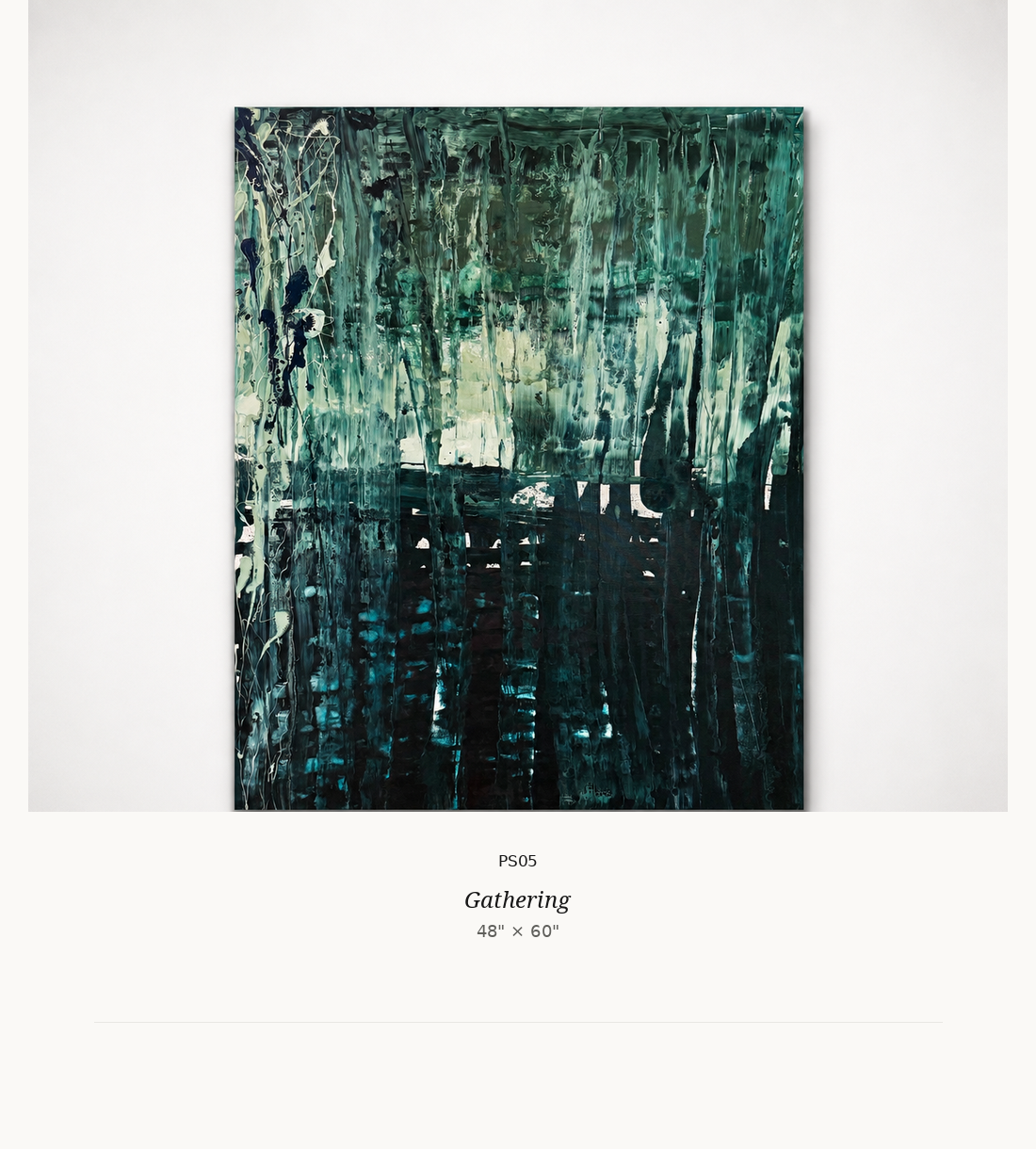 Abstract painting titled 'Gathering' with green, black, and white brushstrokes, 48x60 inches.