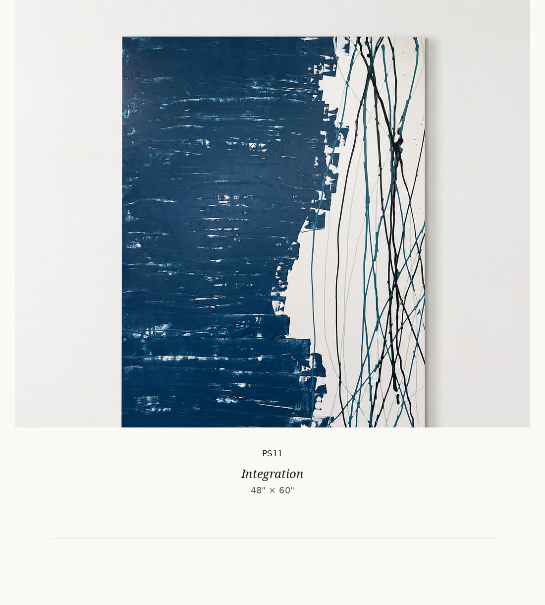 Abstract painting with blue, white, and black lines on a white background, titled 'Integration'.