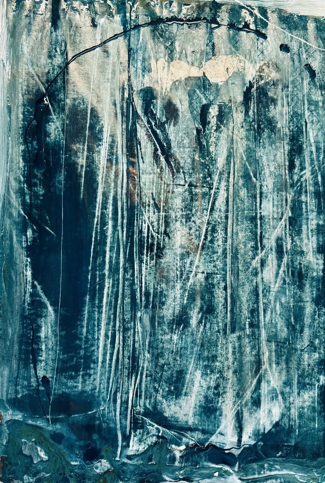 Abstract painting with layered textures and swirling shades of blue, green, white, and hints of darker colors.