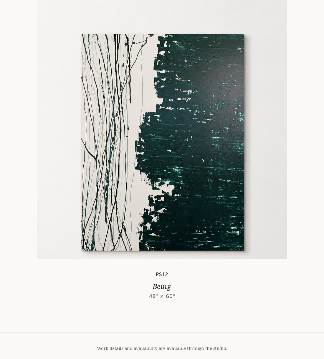 Abstract painting titled 'Being' by PS12, featuring black and green textured paint on right and black line drawings on white background on left.