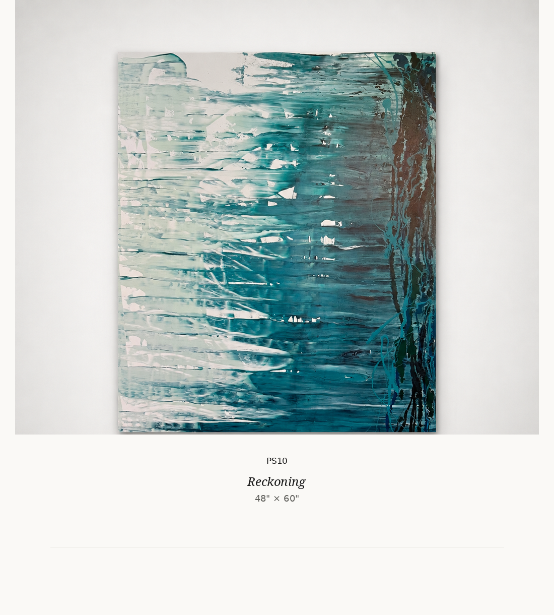 Abstract painting titled "Reckoning" with shades of blue, white, and brown, 48 inches by 60 inches.