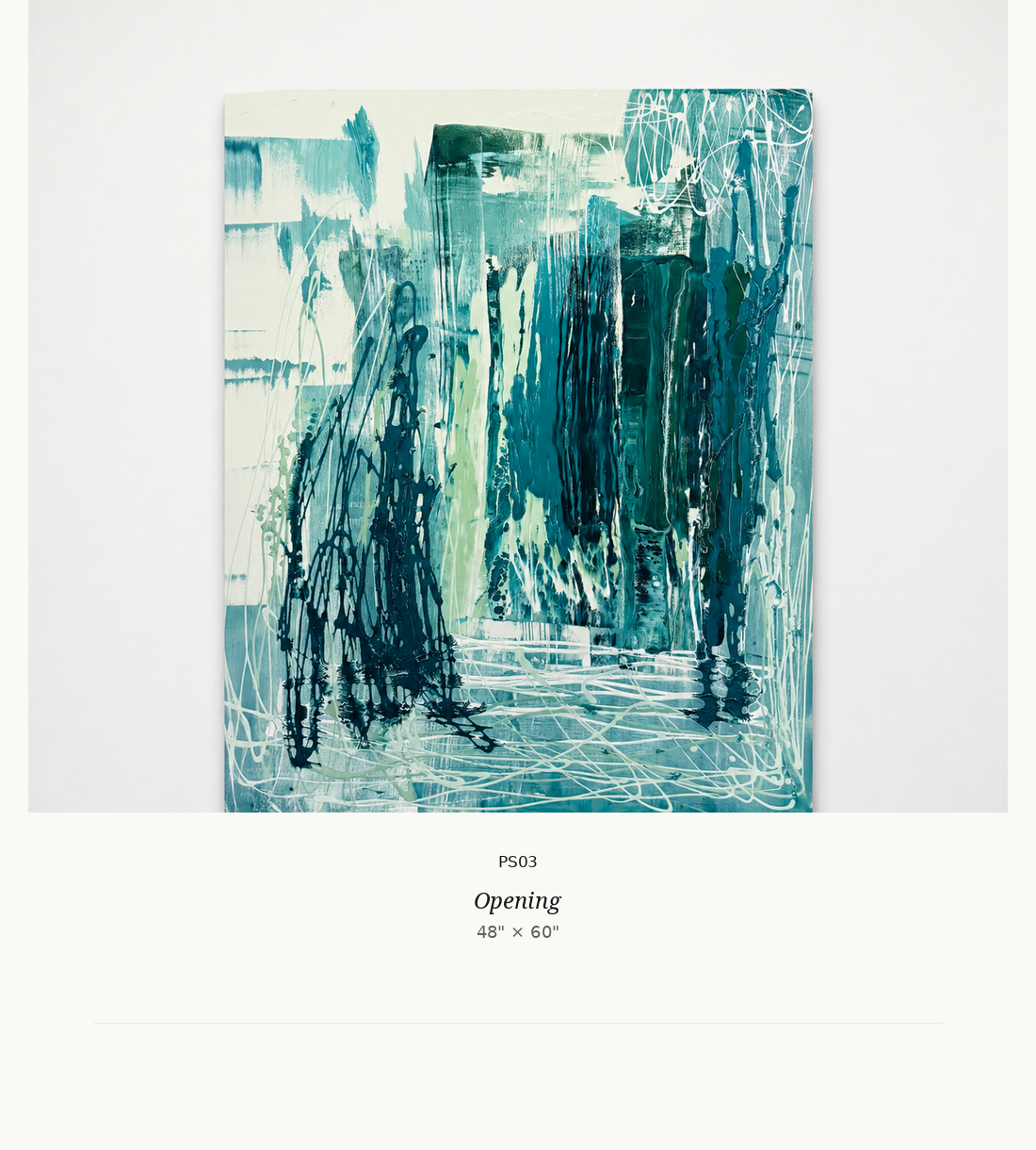 An abstract painting with various shades of blue, green, and white, featuring layered brushstrokes and drips on a rectangular canvas.