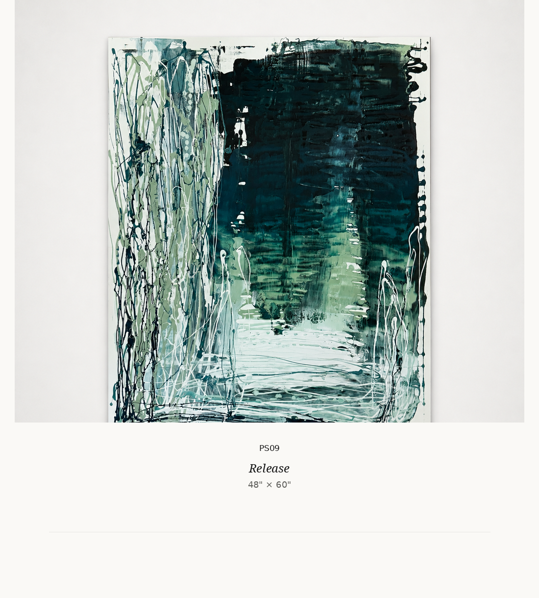 An abstract painting titled "Release" with colors of dark green, blue, and white, depicting a forest scene with water reflections.