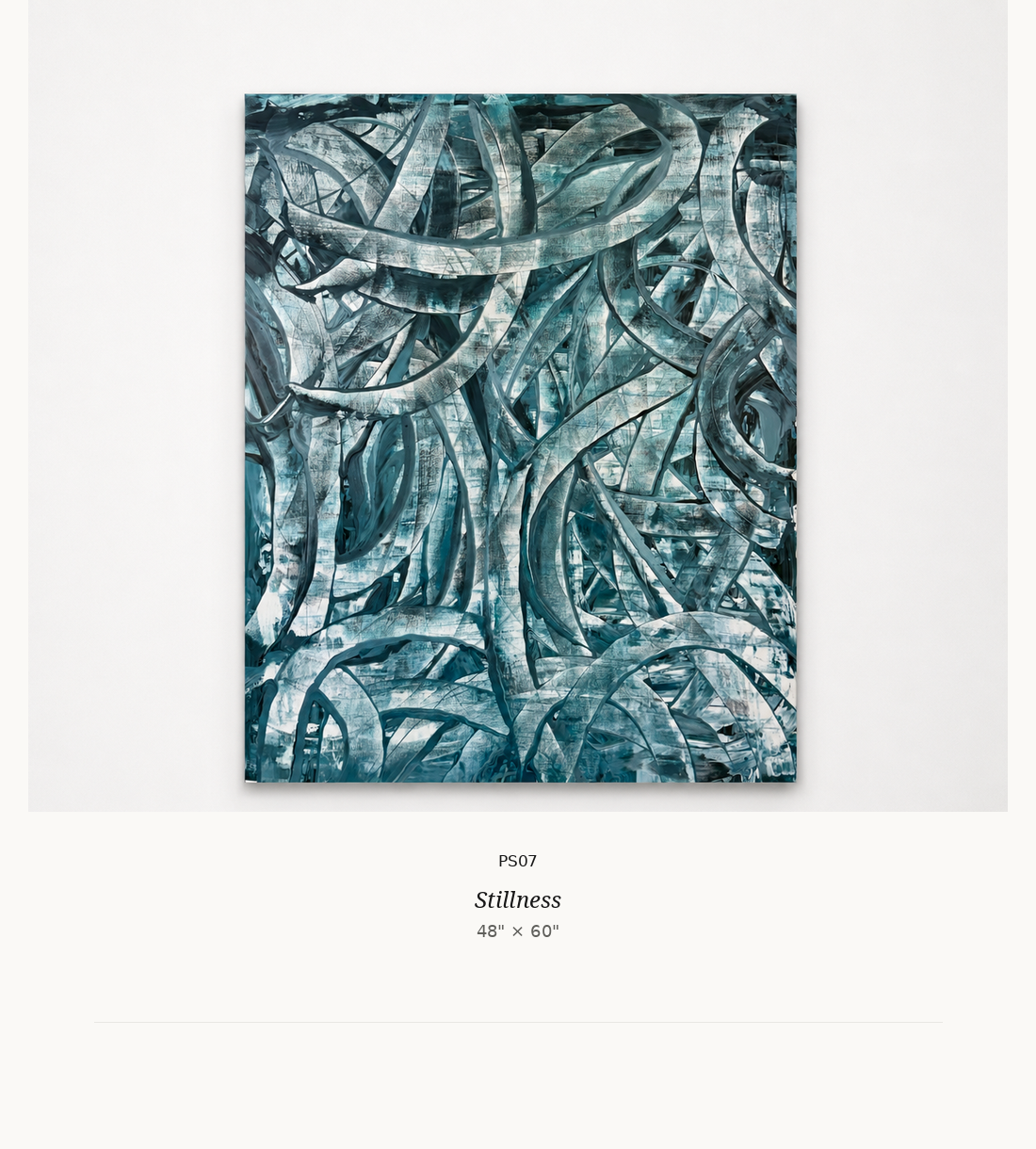 Abstract painting titled 'Stillness' featuring intertwined, curved blue and gray shapes resembling leaves or ribbons on a 48x60 inch canvas.