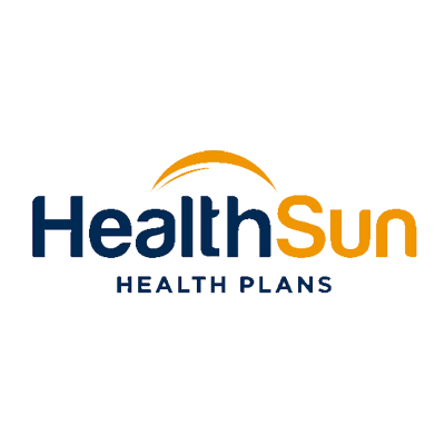 Logo of HealthSun Health Plans with orange and dark blue text and a crescent shape above the name.