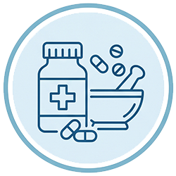 Medicine bottle, pills, and a bowl with more pills inside, inside a circular blue outline.