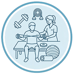 A physiotherapist assisting a patient with physical therapy exercises. The scene includes fitness equipment such as dumbbells, a stability ball, and foam rollers.