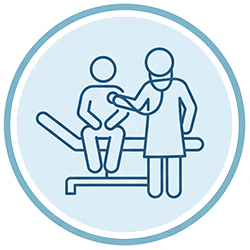 Line drawing of a doctor handing a patient a prescription or document in a clinical setting.