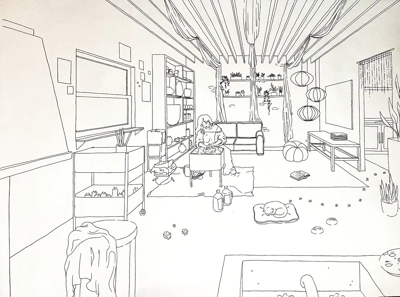 Pottery Loft, 18x24", Ink on Paper
