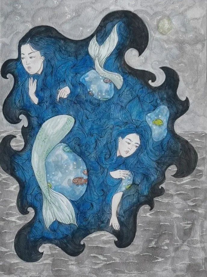 Rippled Reflection, 9x12", Ink and Watercolor on Paper. Displayed at Creative Visions, Huntington Beach Art Center. Received Medal of Distinction.