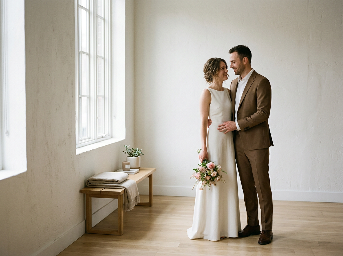 A bride and groom smiling and looking at each other in a minimalistic room, with the bride holding a bouquet of pink and white flowers, and the groom wearing a brown suit.