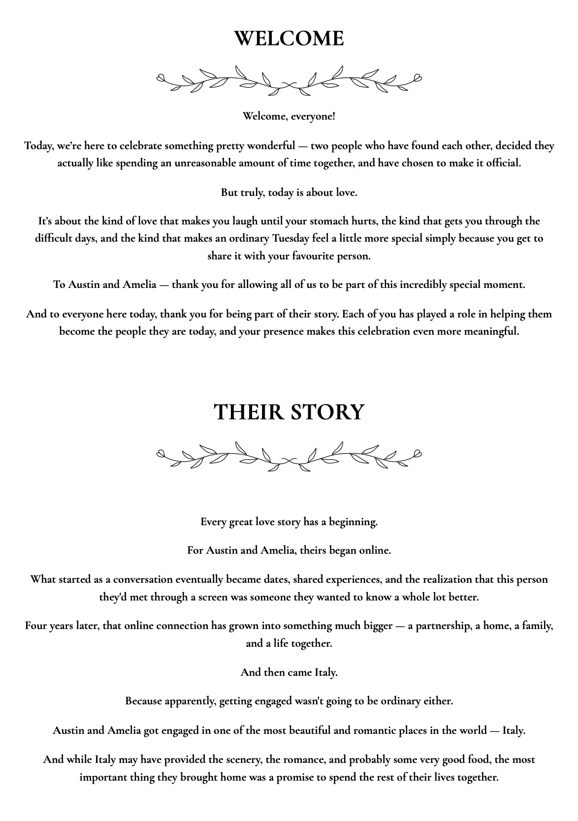 A wedding welcome letter with decorative line art of leaves at the top and bottom, featuring text about love, a couple named Austin and Amelia, and their story.