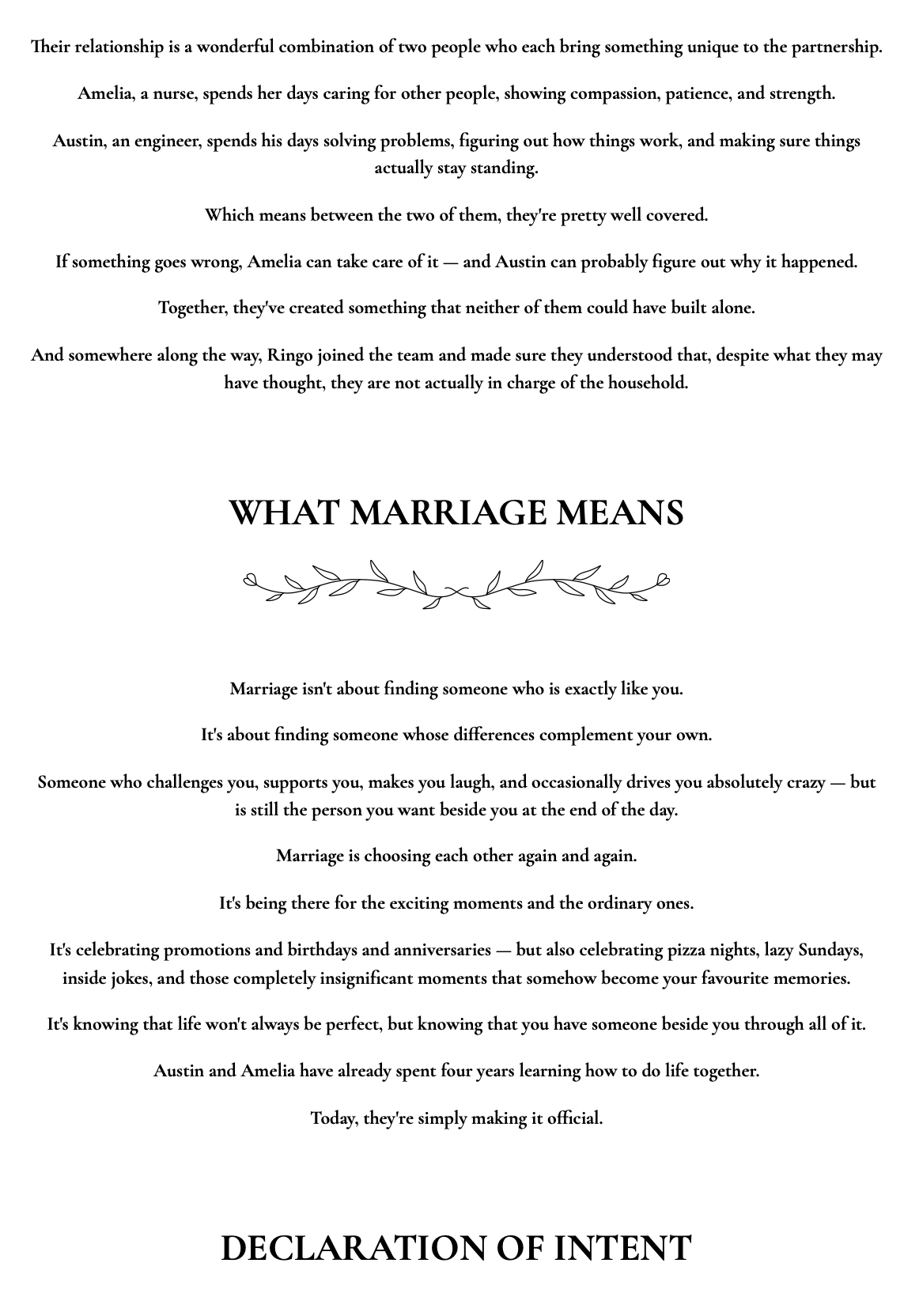 A marriage vow document titled 'What Marriage Means' with a decorative leaf design separating sections, describing the values of marriage and commitment.