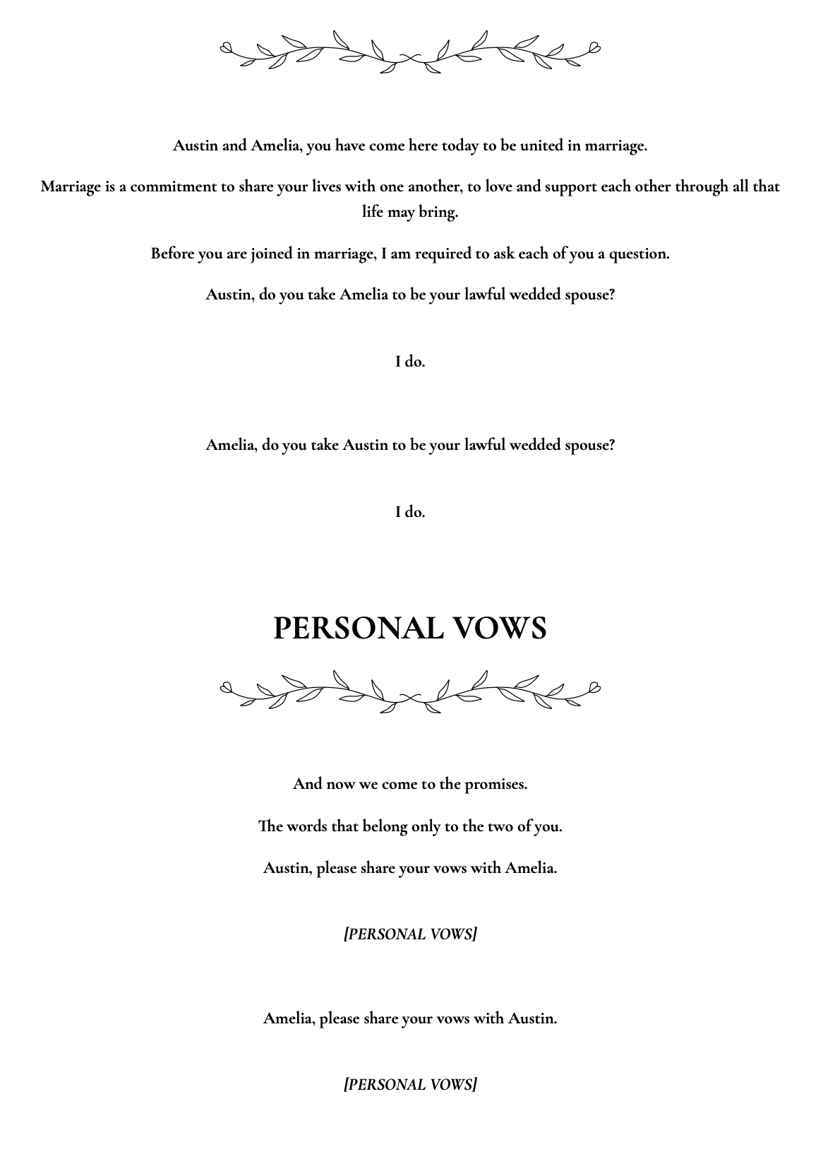 A wedding officiant script on a white background with decorative black line art leaves above and below the text.