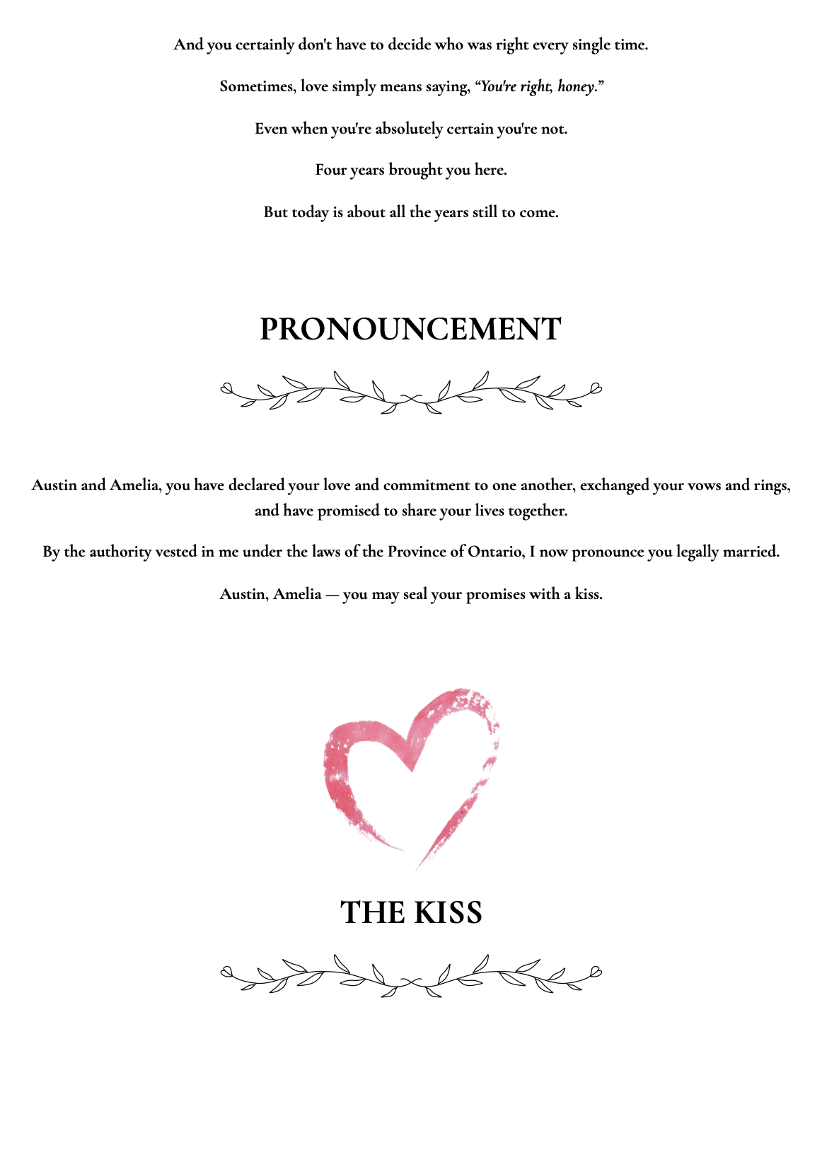 Wedding marriage vow and pronouncement document with a pink heart illustration and decorative border.